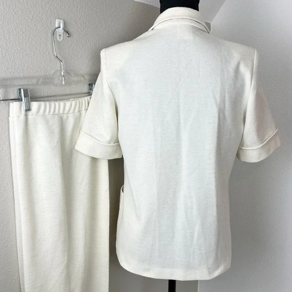 Retro Vintage Power Suit White 70s Wide Leg Pantsuit Short Sleeve Jacket Blazer - Picture 3 of 5